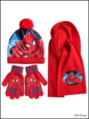Spider Knit Beanie Scarf Gloves Set Pom Pom Winter Boys